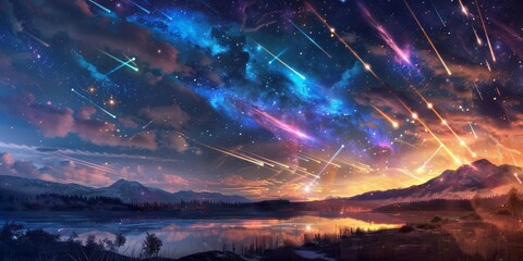 A vibrant meteor shower illuminating the night sky, with colorful streaks of light over a serene landscape, stars twinkling in the background