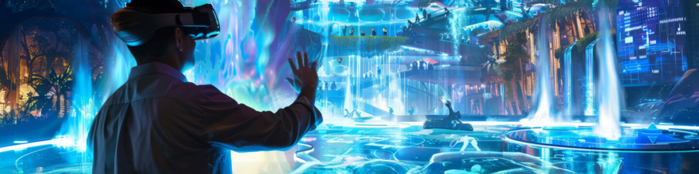 A theme park designer creating an attraction with holographic storyboards, mapping out the visitor experience in detail