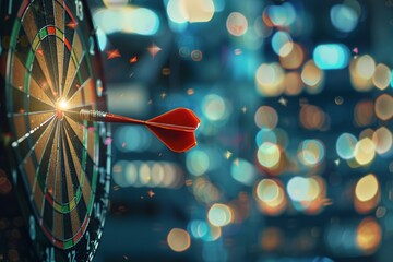 Bullseye with a winning dart, against a bokeh of stock market numbers for an annual corporate achievements report