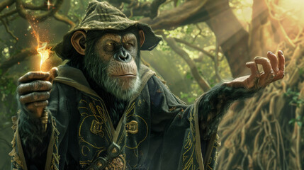 Chimpanzee wizard in an enchanted robe wielding a magic wand, casting a spell in an ancient grove