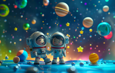 Fototapeta premium Cute astronaut kids in a 3D space station, learning about the solar system with floating planets and stars around