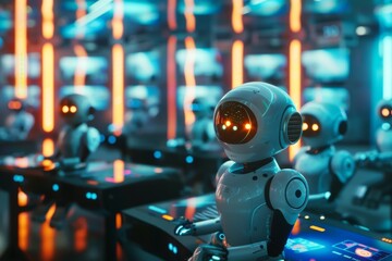 Cute robots in a 3D futuristic classroom, engaging in interactive holographic learning modules under neon lights