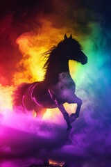 Obraz na płótnie Canvas Dark Dragon Horse standing in a neon rainbow mist, its silhouette a stark contrast against the vibrant, glowing background