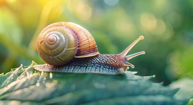 Macro shot of a snail exploring a leaf, delicate motion,