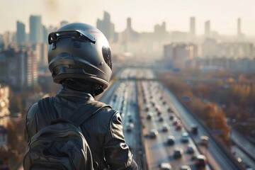 Helmet-clad architect overlooks the highway to the future of urban design - obrazy, fototapety, plakaty
