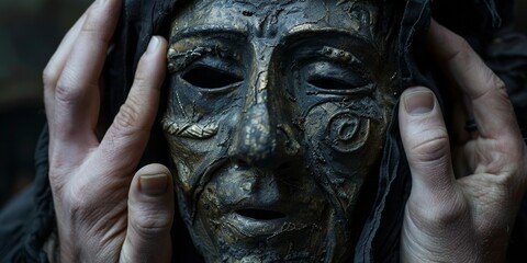 Interchanging ancient masks, the bearer engages in a silent narrative - obrazy, fototapety, plakaty