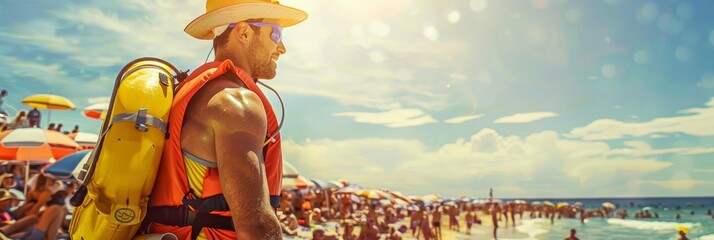 Lifeguard with rescue gear overlaying a sunny, crowded beach scene - obrazy, fototapety, plakaty