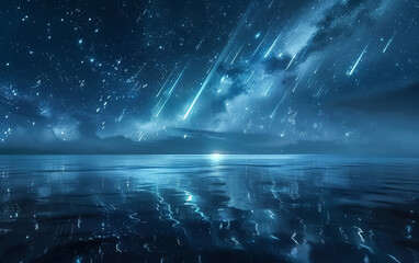 Panoramic view of a meteor shower over a calm ocean, reflections of falling stars in the water, under the celestial dance of a clear night sky