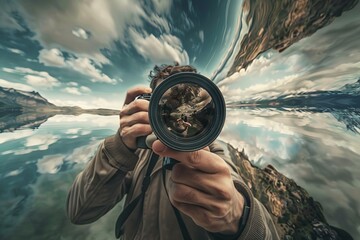 Photographer with a camera lens merging into a panorama of captured moments - obrazy, fototapety, plakaty