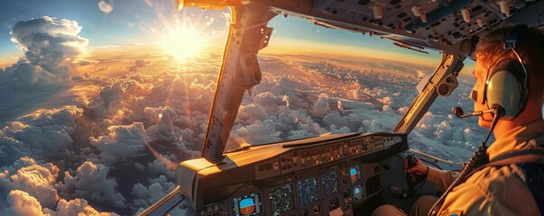 Pilot with a cockpit view blended into expansive sky and clouds at altitude