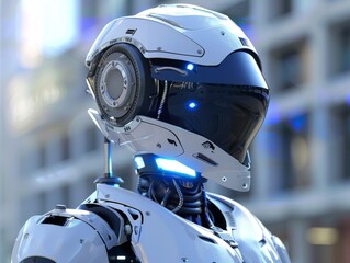 Fototapeta premium Police robot in 3D, patrolling the streets with advanced surveillance equipment, maintaining law and order efficiently