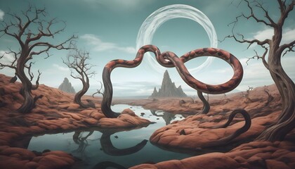 A-Snake-In-A-Surreal-Landscape-With-Twisted-Trees- - obrazy, fototapety, plakaty