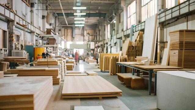 Interior of a bright woodworking workshop with workers. Industrial and craftsmanship concept. 