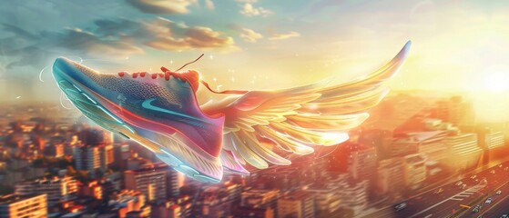 Sleek running shoes with aerodynamic pastel wings gliding over a sunlit cityscape