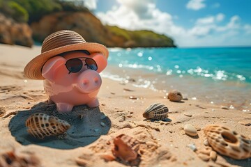 Pink piggy bank with sun hat in focus against blurred tropical beach. Concept Still Life, Tropical Setting, Sun Hat, Piggy Bank, Beach Scene