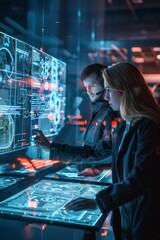 A security firm demonstrating a holographic surveillance system, visualizing threats and coordinating responses in real-time