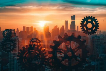 Sunset over city with translucent gears, representing strategic business growth - obrazy, fototapety, plakaty