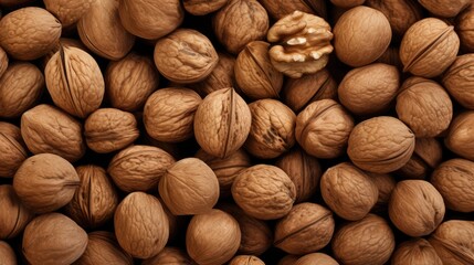 Fresh walnuts in a shell close-up. The background is made of nuts.