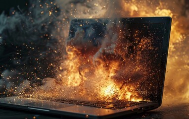 Veteran laptop emitting bursts of fire, a testament to its enduring electronic battle