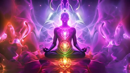 Beautiful woman sits in a pose of a half lotus on high place , she practicing yoga meditation glowing seven all chakra eyes closed calm. Kundalini energy. chakras glowing in galaxy 4k video meditation