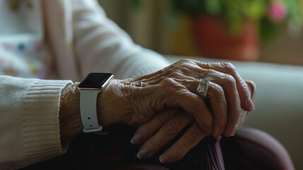 Fototapeta premium A wearable device displaying health metrics, designed to monitor the wellbeing of elderly users