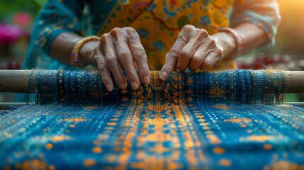 Thai cotton indigo weaving with a hand holding the cloth and natural dyes. Thailand. Selective focus. - obrazy, fototapety, plakaty