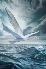 Above a realistic ocean, an origami albatross glides, its long paper wings catching the breeze, mirroring the vastness of the sea below