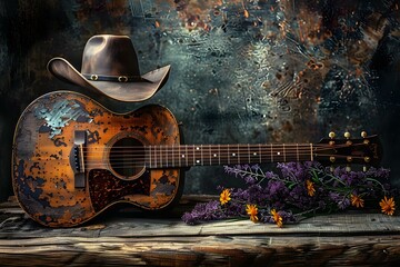 Live Acoustic Guitar and Cowboy Attire at a Country Music Festival. Concept Country Music Festival, Live Acoustic Guitar, Cowboy Attire, Music Performances, Outdoor Stage - obrazy, fototapety, plakaty