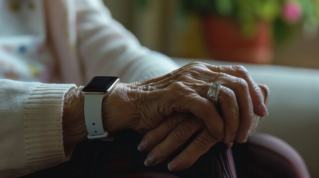 A wearable device displaying health metrics, designed to monitor the wellbeing of elderly users