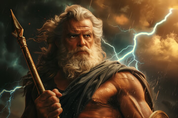 Zeus god holds a spear