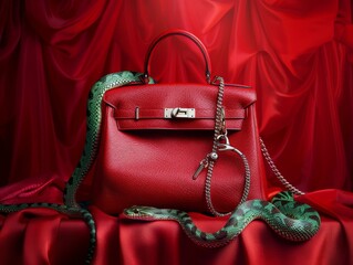 Photorealism of A striking red leather handbag stands out against a deep red backdrop, draped with a vibrant green snake, juxtaposing luxury with the untamed beauty of nature
