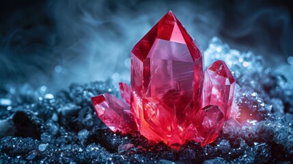 Photorealism of A stunning deep red crystal emerges with sharp clarity from a contrasting bed of quartz, highlighting the gem's rich color and geometric perfection,high quality shot