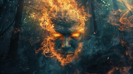 Enraged elemental spirit, face merged with fire in a dark, mystical forest setting - obrazy, fototapety, plakaty