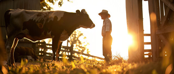 Gentle bond, farmer and cow share a moment, barn light - obrazy, fototapety, plakaty
