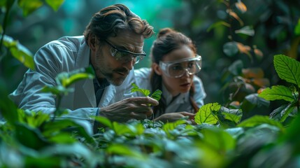 In the forest, scientists are studying plant species. Scientists with magnifying glasses look at leaf specimens. An ecologist in the forest takes plant samples. - obrazy, fototapety, plakaty