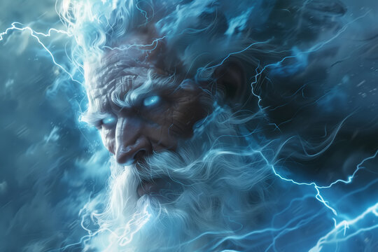 Zeus the Greek god of thunder and lightning with glowing eyes, close-up of face