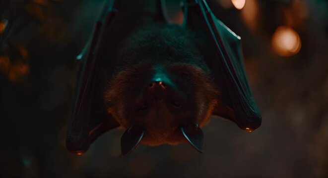 Close focus on a bat hanging upside down, with cave details softly blurred