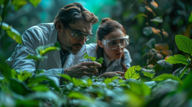In the forest, scientists are studying plant species. Scientists with magnifying glasses look at leaf specimens. An ecologist in the forest takes plant samples.