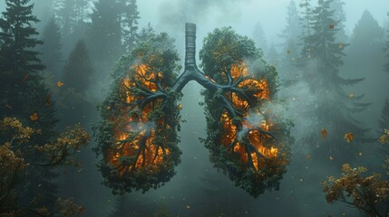 Minimalism of A powerful image illustrating lungs made from tree-filled landscapes and a burning...