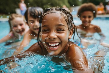 group of diverse children in swimming pool with inflatable ring circles, smiling kids wearing...