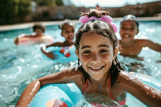 group of diverse children in swimming pool with inflatable ring circles, smiling kids wearing swimwear at outdoor summer pool party portrait
