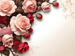 Floral background with pink and red roses and leaves with empty copy space for text - 780709900