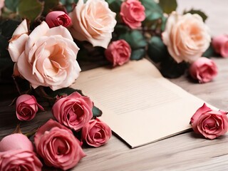 A bouquet of pink roses and a sheet of paper on a wooden background - 780709925