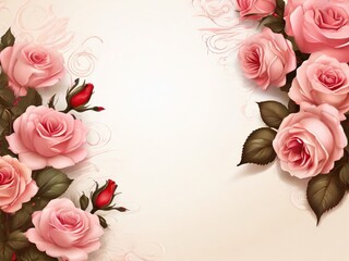 Floral background with pink and red roses and leaves with empty copy space for text - 780709933