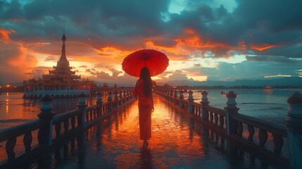 Photo of a young woman with a red umbrella on a bridge