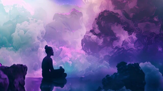 Beautiful woman sits in a pose of a half lotus on high place , she practicing yoga meditation glowing seven all chakra eyes closed calm. Kundalini energy. chakras glowing in galaxy 4k video meditation