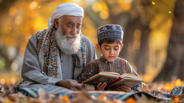 Grandfather teaches his nephew to read a book.
