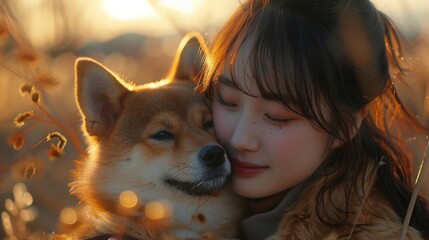 During the spring season, an Asian girl plays with a Shiba Inu dog in the park.
