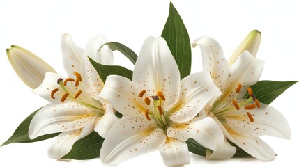 white lily flower with yellow stamens and green leaves