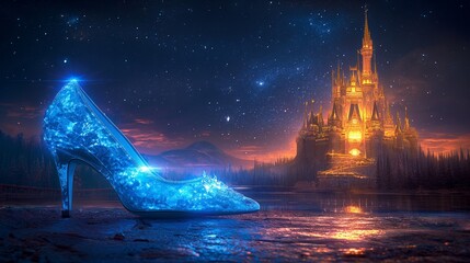 cinderella's crystal slipper on the background of a fairy castle